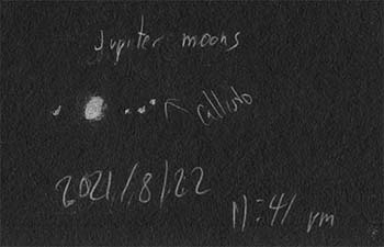 Drawing of appearance of Gallilean moons of Jupiter, night of 2021-08-30